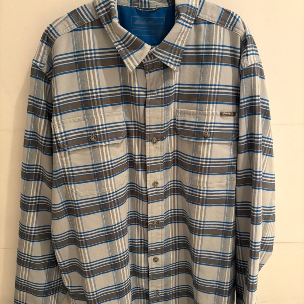 Eddie Bauer Classic Fit Blue Brown Plaid Flannel Button Down Shirt Men’s XL